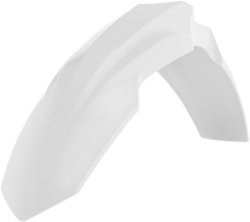 Acerbis front fender in white for motorcycle, mounted on bike body, showing smooth plastic surface and mounting points.