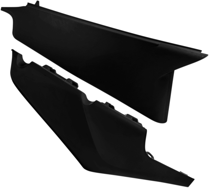Black Acerbis side panels for motorcycle body, designed for compatibility with Bill's Exhausts models.