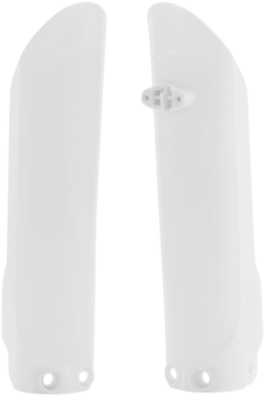 Acerbis white lower fork covers for inverted motorcycle forks, designed to protect and enhance the appearance of the front suspension.
