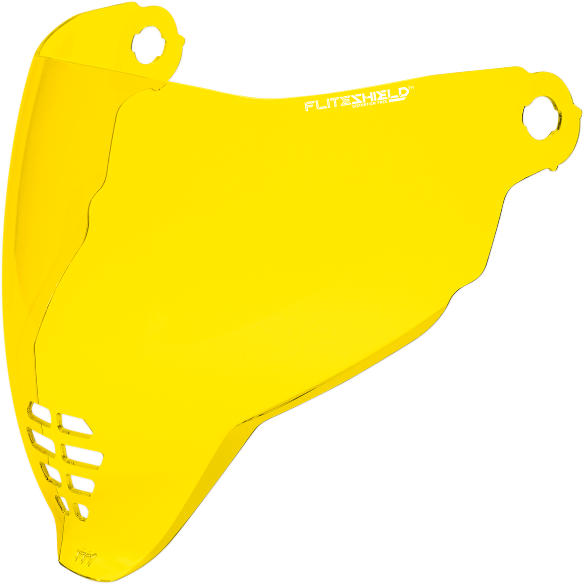 Yellow ICON Airflite FliteShield helmet part from Bill's Exhausts, close-up view showing the clear shield and vibrant color.