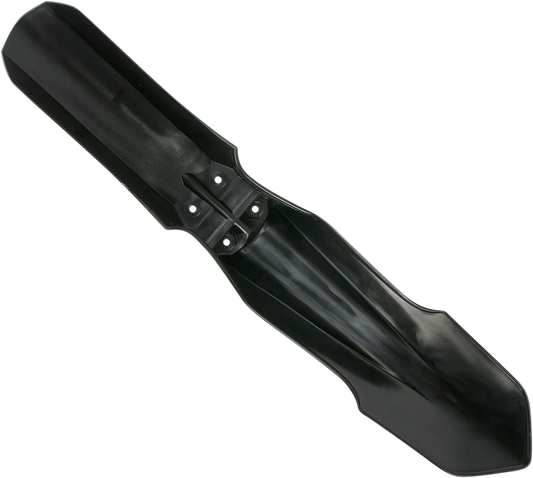 A black Acerbis front fender for motorcycle, mounted on a bike, showcasing a sleek body design with the product code 2314350001.