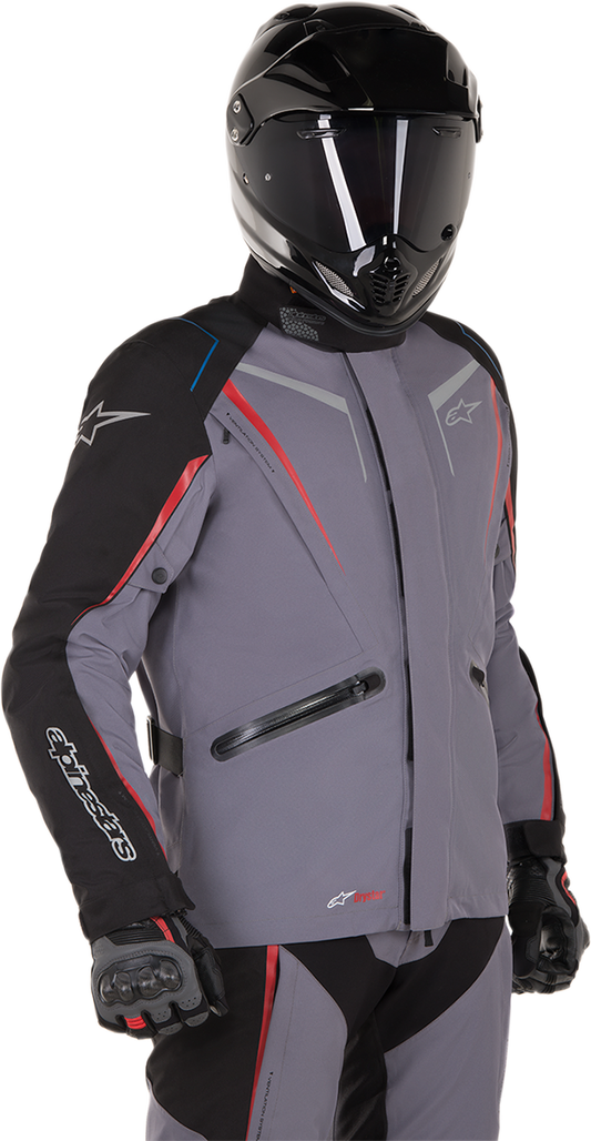 Alpinestars Yokohama Drystar® motorcycle jacket in gray, black, and red with 2XL size, shown on a hanger.