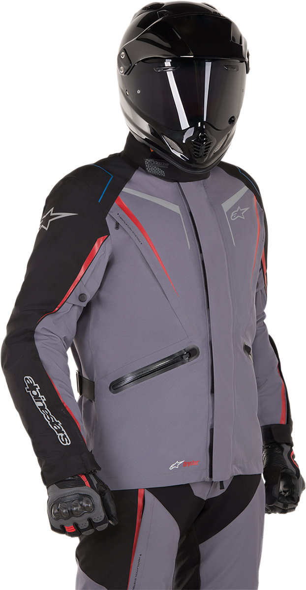 Alpinestars Yokohama Drystar® motorcycle jacket in gray, black, and red with 2XL size, shown on a hanger.