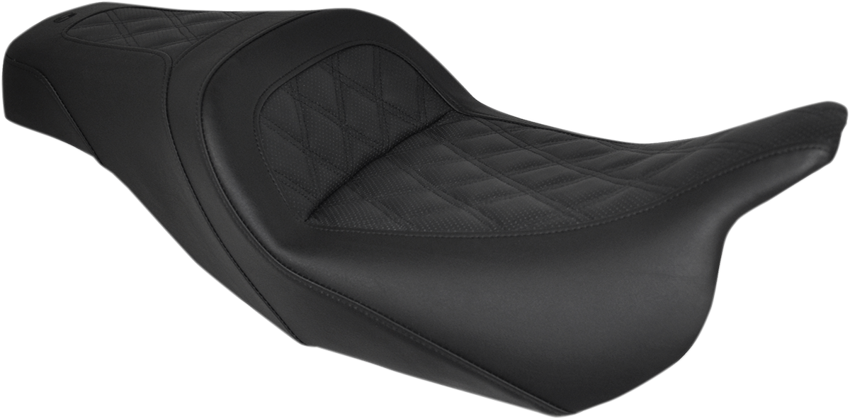 Black Saddlemens Slim Seat with lattice stitch for '08-'23 Harley FL motorcycles, featuring a sleek and comfortable design.
