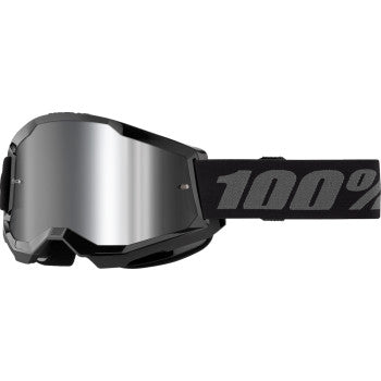 Bill's Exhausts 100% Strata 2 goggles in black with silver mirror lenses, featuring a sleek design and adjustable strap.