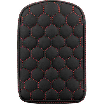 Bill's Exhausts SADDLEMEN RoadSofa™ Sissy Bar Pad in honeycomb design with red stitching, mounted on a motorcycle sissy bar.