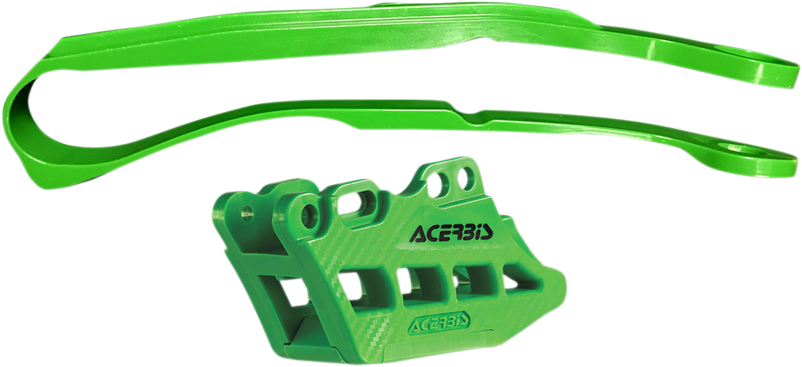 Green ACERBIS Chain Guide 2.0 and Slider Kit for Kawasaki KX250F/KX450F, shown with mounting hardware and body components
