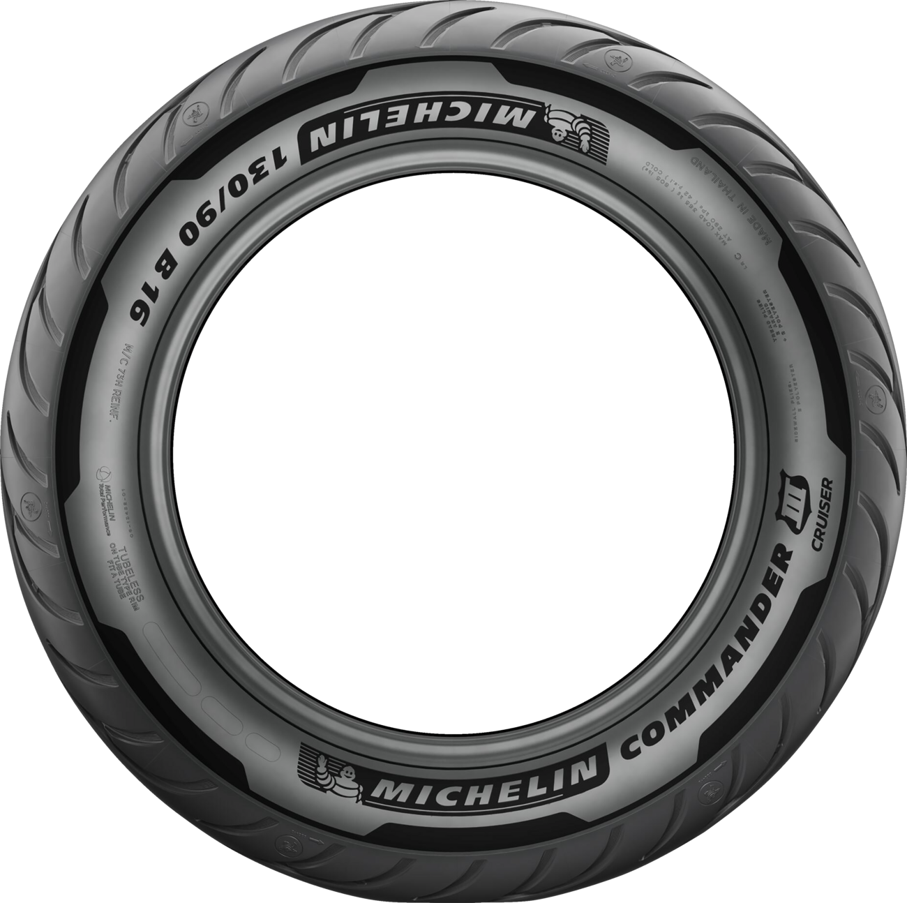 Michelin Commander III front motorcycle tire 100/90B19 with 57H load and speed rating, showing tread pattern and sidewall details.