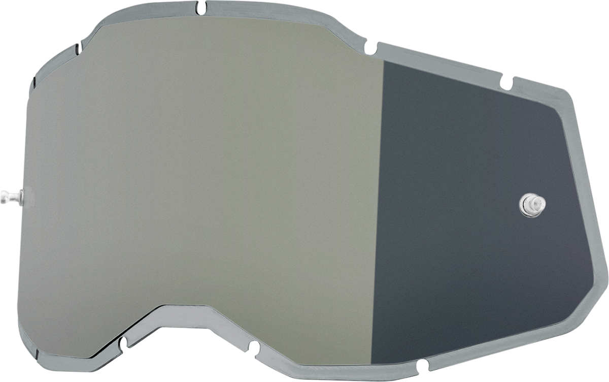 Injected silver mirror lens for Accuri 2, Racecraft 2, and Strata 2 helmets, designed by Bill's Exhausts, with reflective finish.