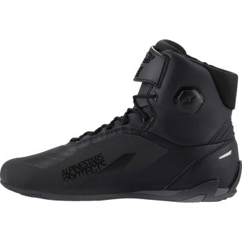 Alpinestars Faster-4 black motorcycle shoes in US size 12, featuring durable design and protective features.