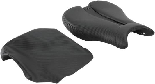 Black SADDLEMEN Gel Channel Track Carbon Fiber Sport Seat for Triumph motorcycles, featuring sleek carbon fiber design and ergonomic shape.