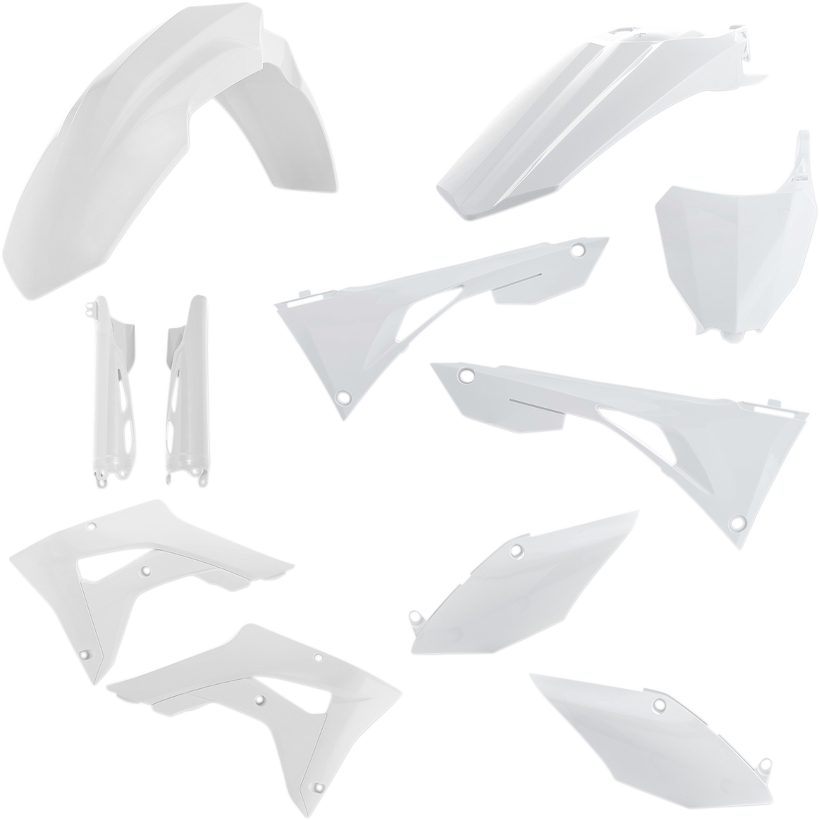 A white ACERBIS full replacement body kit for motorcycles, featuring streamlined panels and durable construction.