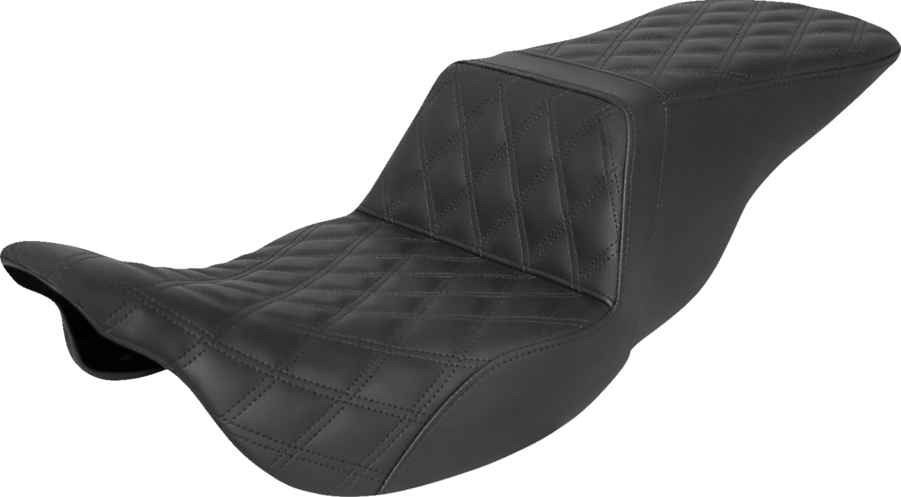 Black SADDLEMEN Step-Up Seat with full lattice stitch for FLH/FLT motorcycles, designed by Bill's Exhausts.