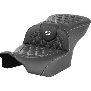 SADDLEMEN RoadSofa™ motorcycle seat without backrest, white lattice stitching for FLTR/FLHX 2023-2024, by Bill's Exhausts