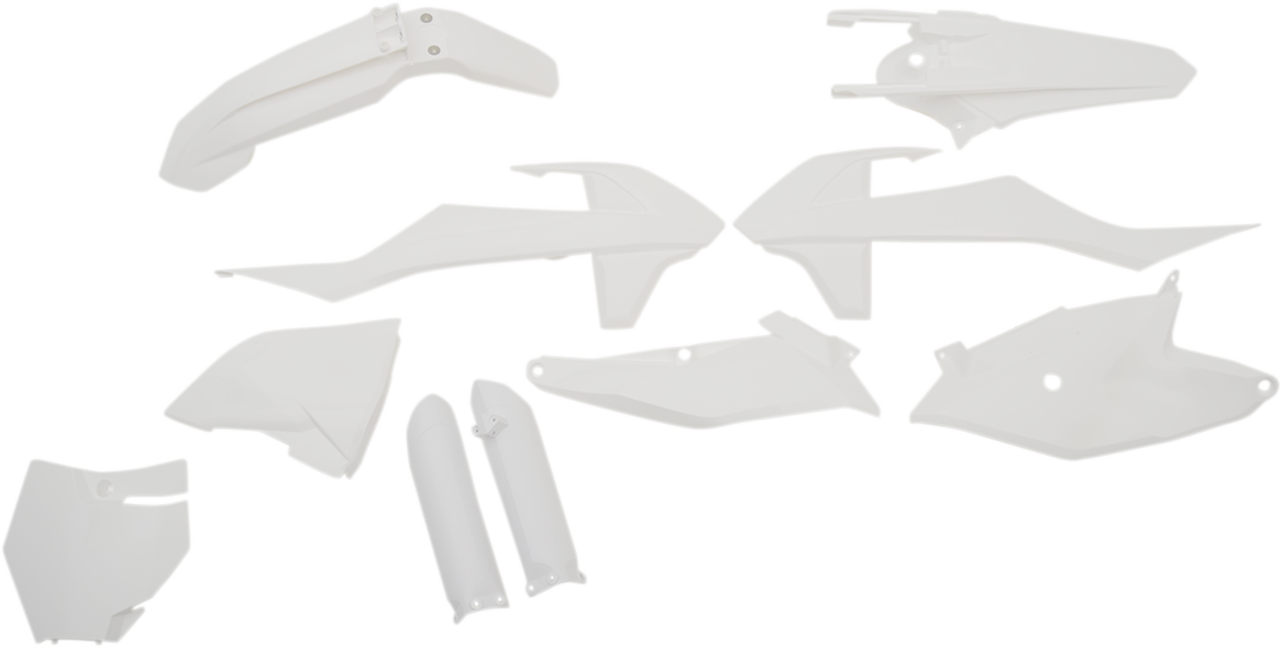 A white Acerbis full replacement body kit for motorcycles, showing assembled panels and sleek design.