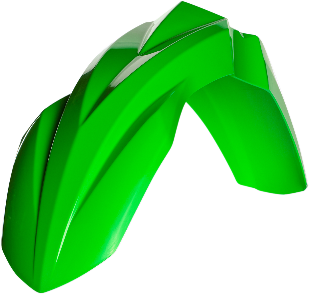 A fluorescent green Acerbis front fender for motorcycles, showcasing its sleek body design and vibrant color.