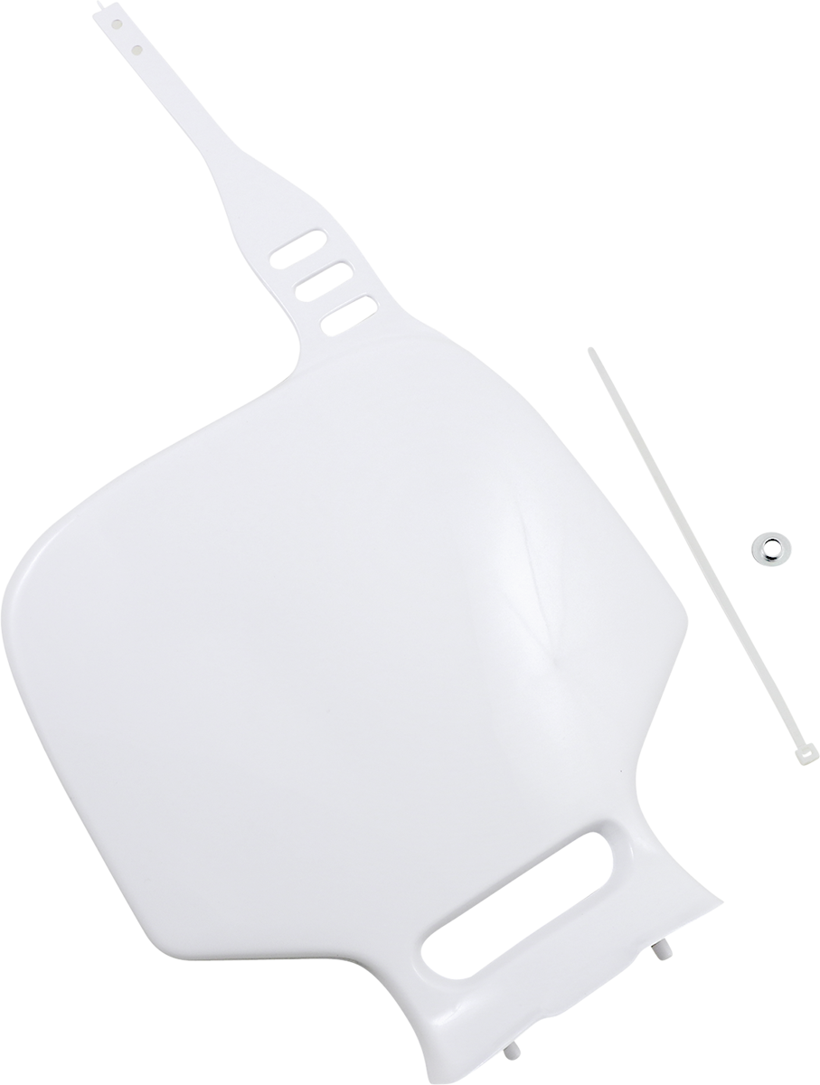 White ACERBIS front number plate for motorcycle, mounted on bodywork, with clear ACERBIS branding visible.