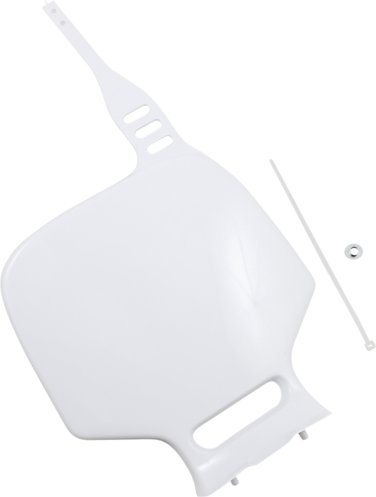 White ACERBIS front number plate for motorcycle, mounted on bodywork, with clear ACERBIS branding visible.