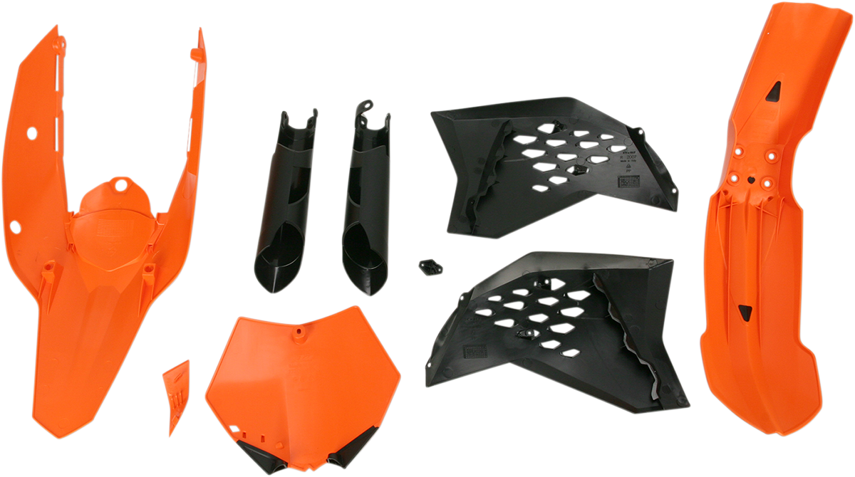 Acerbis full replacement body kit in orange and black for OEM '10 motorcycle, featuring sleek, aerodynamic design and high-quality finish.