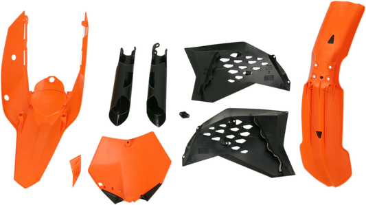 Acerbis full replacement body kit in orange and black for OEM '10 motorcycle, featuring sleek, aerodynamic design and high-quality finish.