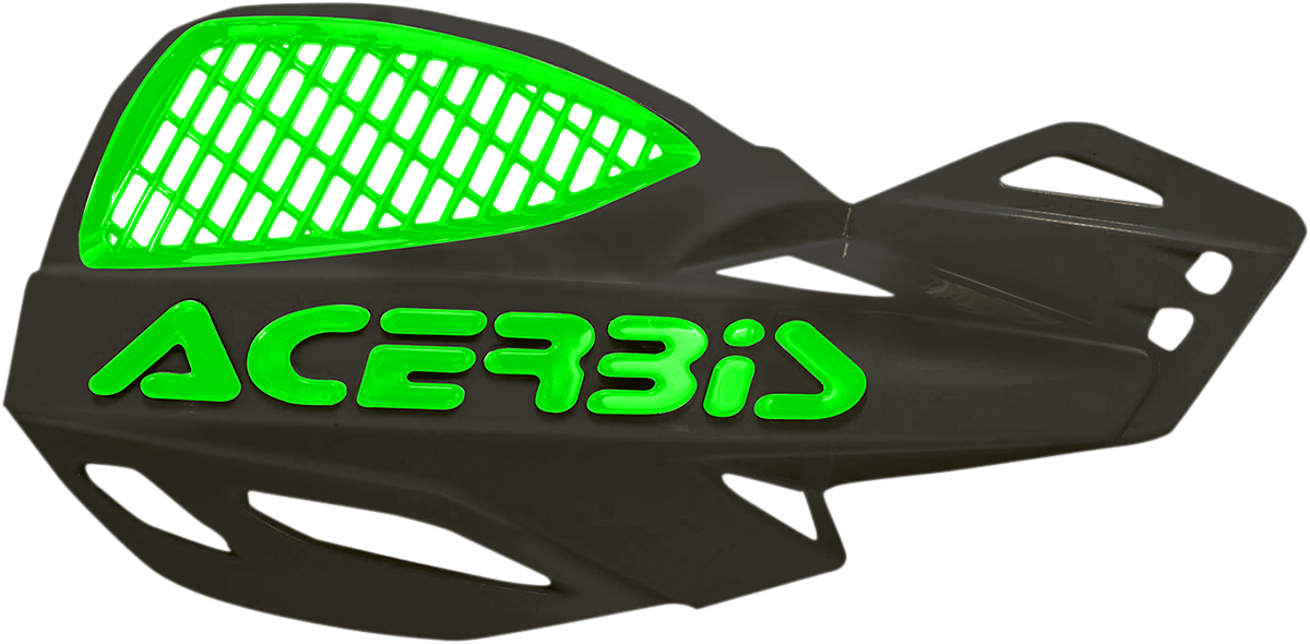 A pair of black and green ACERBIS Uniko vented handguards for motorcycles, mounted with metal brackets on a white background.