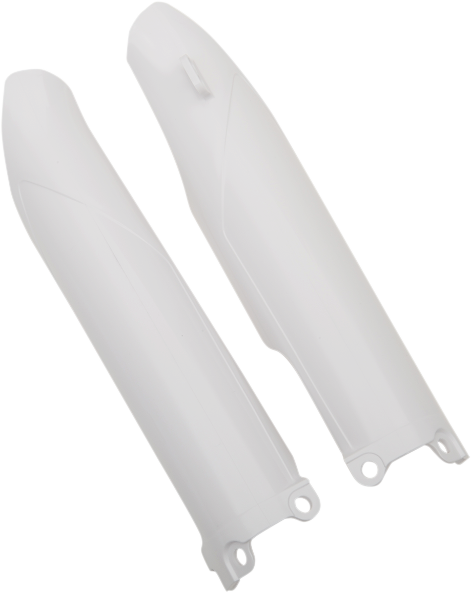 White Acerbis lower fork covers for motorcycle body protection, designed for compatibility with various models.