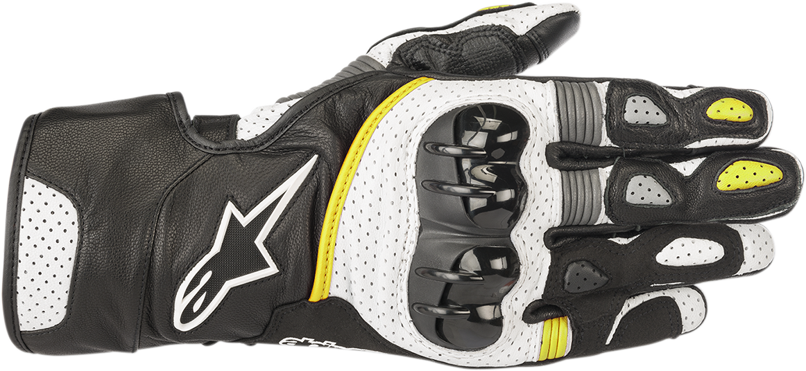 Alpinestars SP-2 V2 motorcycle gloves in black, white, and fluo yellow, size 2XL, featuring protective padding and breathable material.