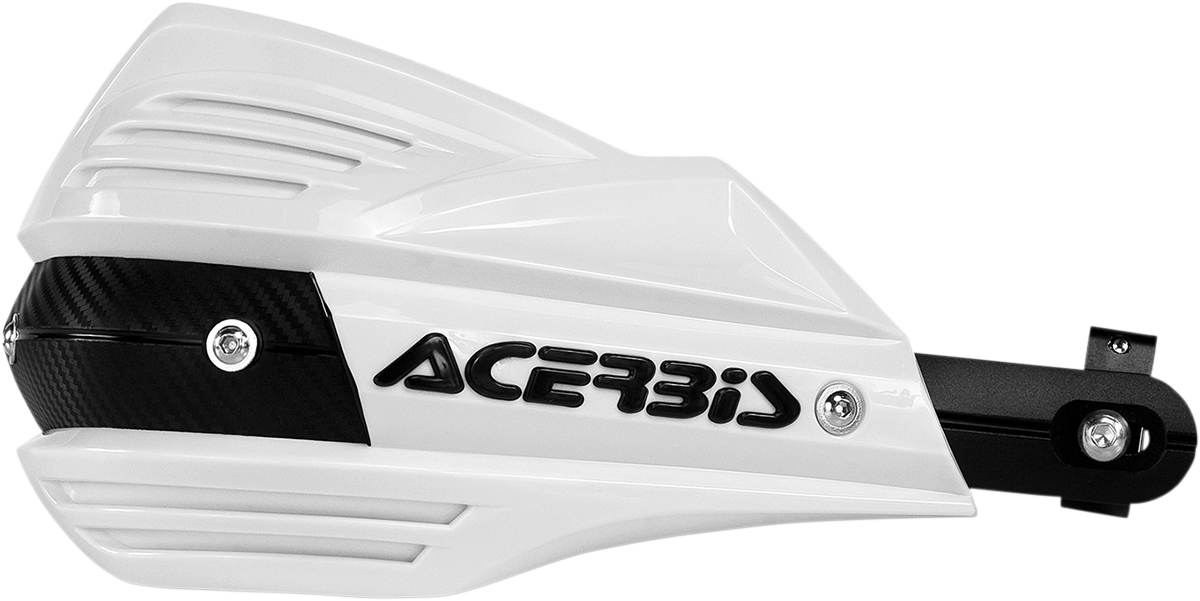Acerbis X-Factor white handguards for motorcycle, mounted on handlebars, with protective body and brand logo visible.