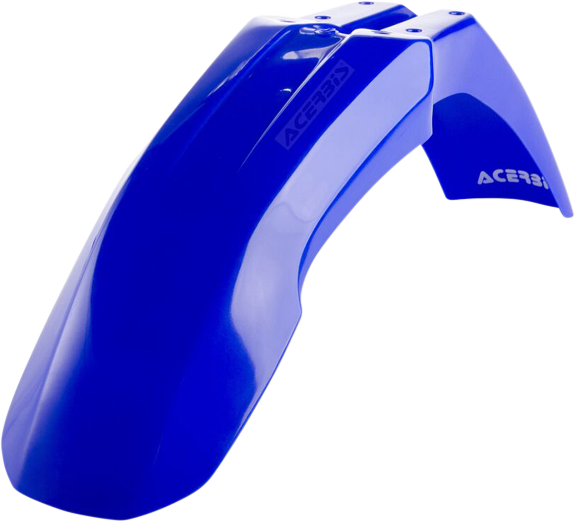 Blue Acerbis front fender for dirt bikes, featuring durable plastic body and sleek design, suitable for off-road motorcycle use.