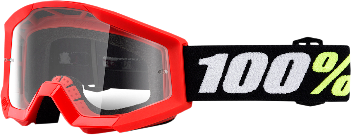 Bill's Exhausts 100% Strata Mini Goggles in red with clear lenses, featuring a compact design and adjustable strap.