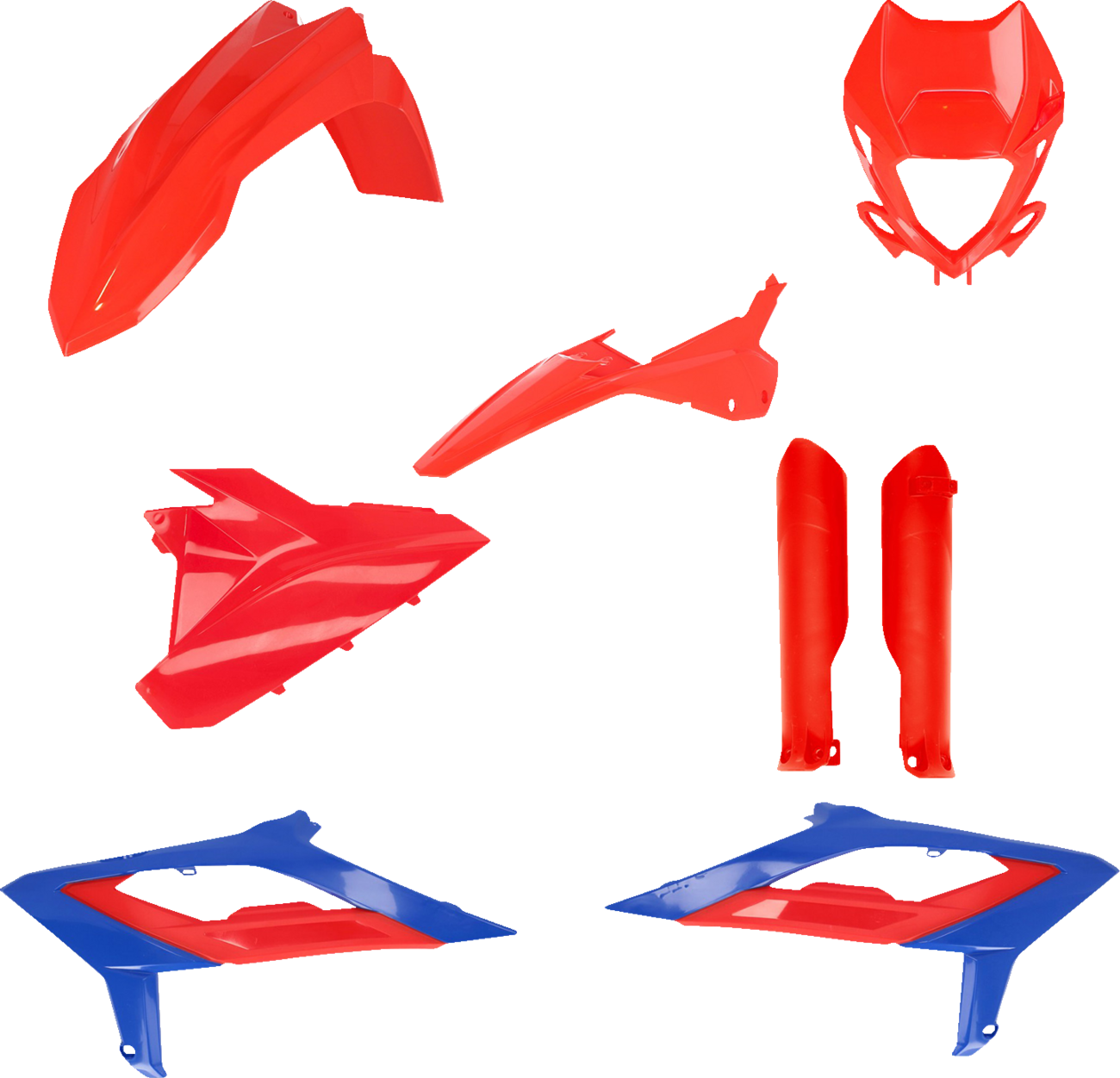 Acerbis full replacement body kit in red and blue for motorcycle, showcasing the colorful plastic body panels.