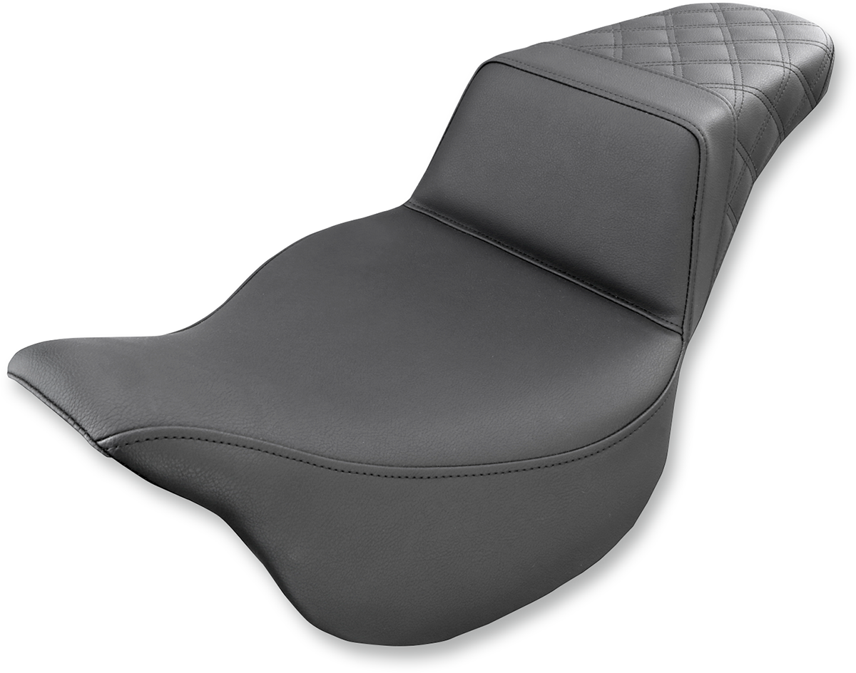 Black SADDLEMEN Step-Up Seat with rear lattice stitch for FL models 2008-2023, featuring a sleek design and comfortable riding surface.
