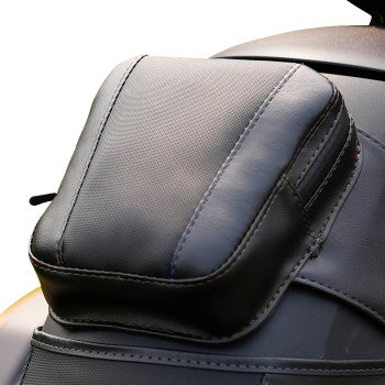 Black Show Chrome Ballistic Tank Pouch with black stitching for Ryker 2019-2023, mounted on motorcycle fuel tank.