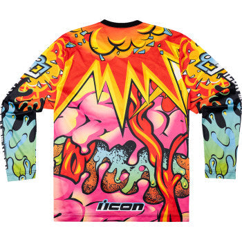 Black ICON Scatterbrain Jersey by Bill's Exhausts, small size, close-up of the jersey's fabric and design details.