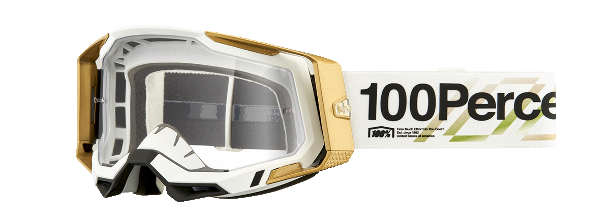 Bill's Exhausts 100% Racecraft 2 goggles in clear with tinted lenses, featuring a sleek design for racing and motocross.