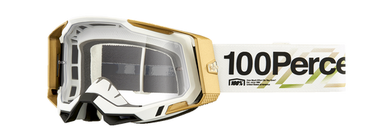 Bill's Exhausts 100% Racecraft 2 goggles in clear with tinted lenses, featuring a sleek design for racing and motocross.
