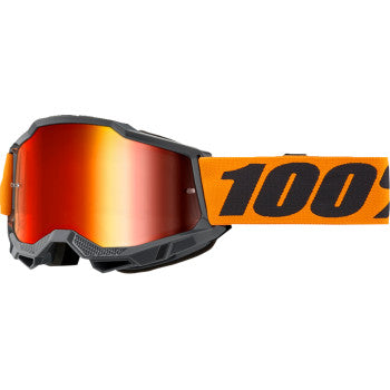 Bill's Exhausts 100% Accuri 2 goggles in orange with red mirror lenses, showcasing their sleek design and adjustable strap.