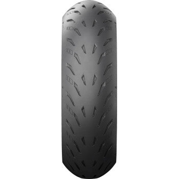 Rear MICHELIN Power 5 motorcycle tire 180/55ZR17 (73W) with tread pattern, mounted on a wheel.
