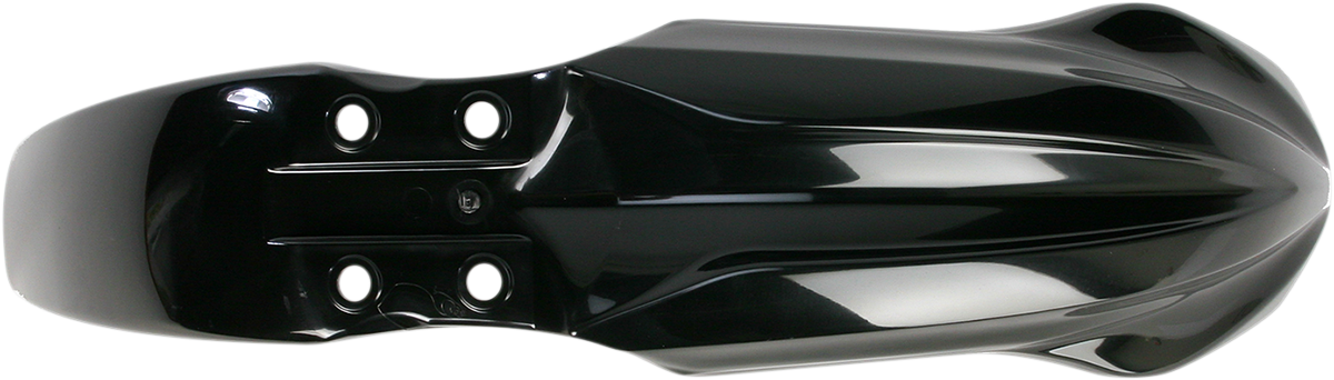 Black Acerbis front fender for motorcycle, body part designed for durability and style, shown in a close-up image.