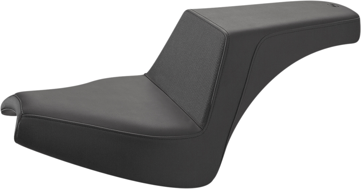 Black Saddlemens Step Up Seat with gripper surface, designed for motorcycle comfort and stability.