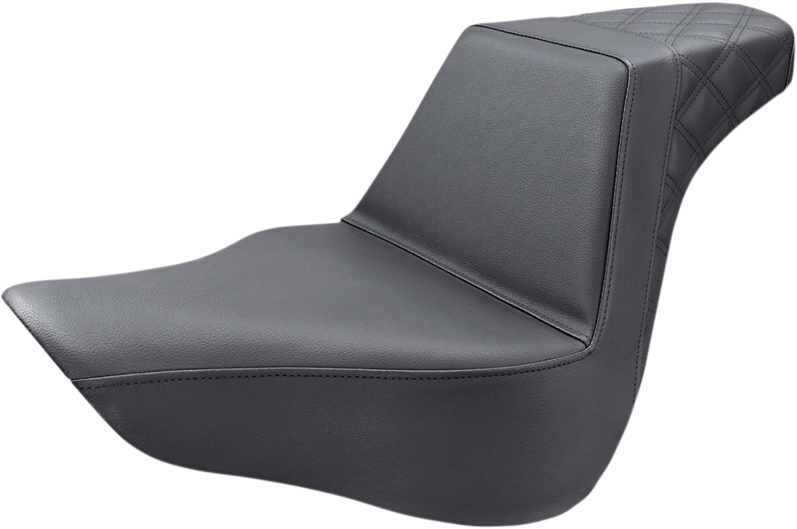 Black Saddlemens Step-Up Seat with rear lattice stitch for motorcycles, featuring a sleek design and durable construction.