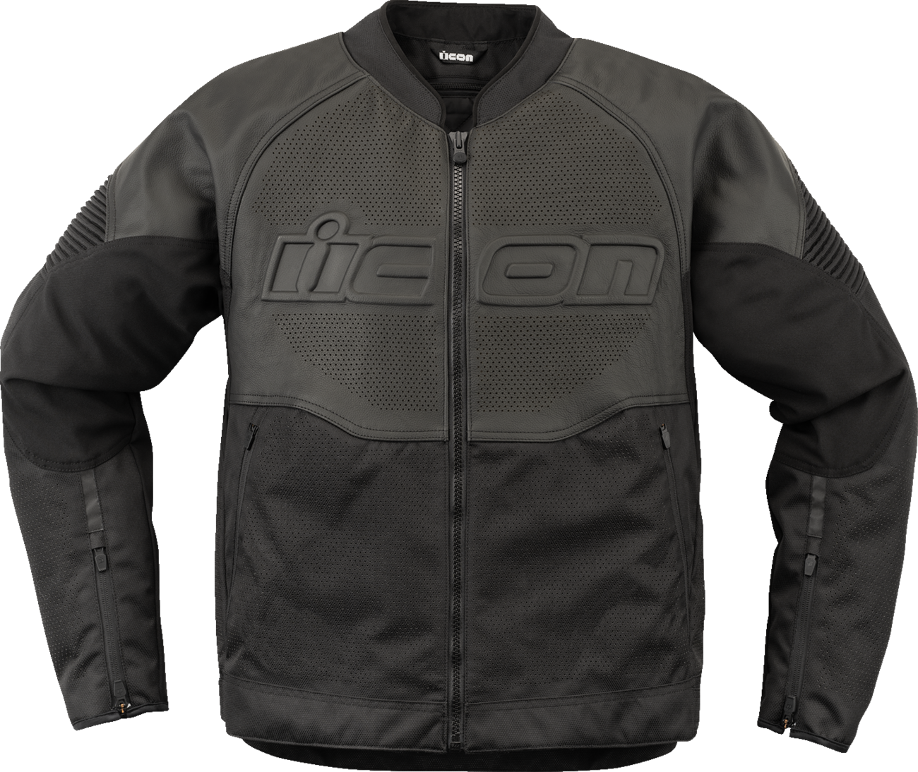 Black ICON Overlord3™ leather jacket by Bill's Exhausts, large size, shown with detailed leather texture and stylish design.