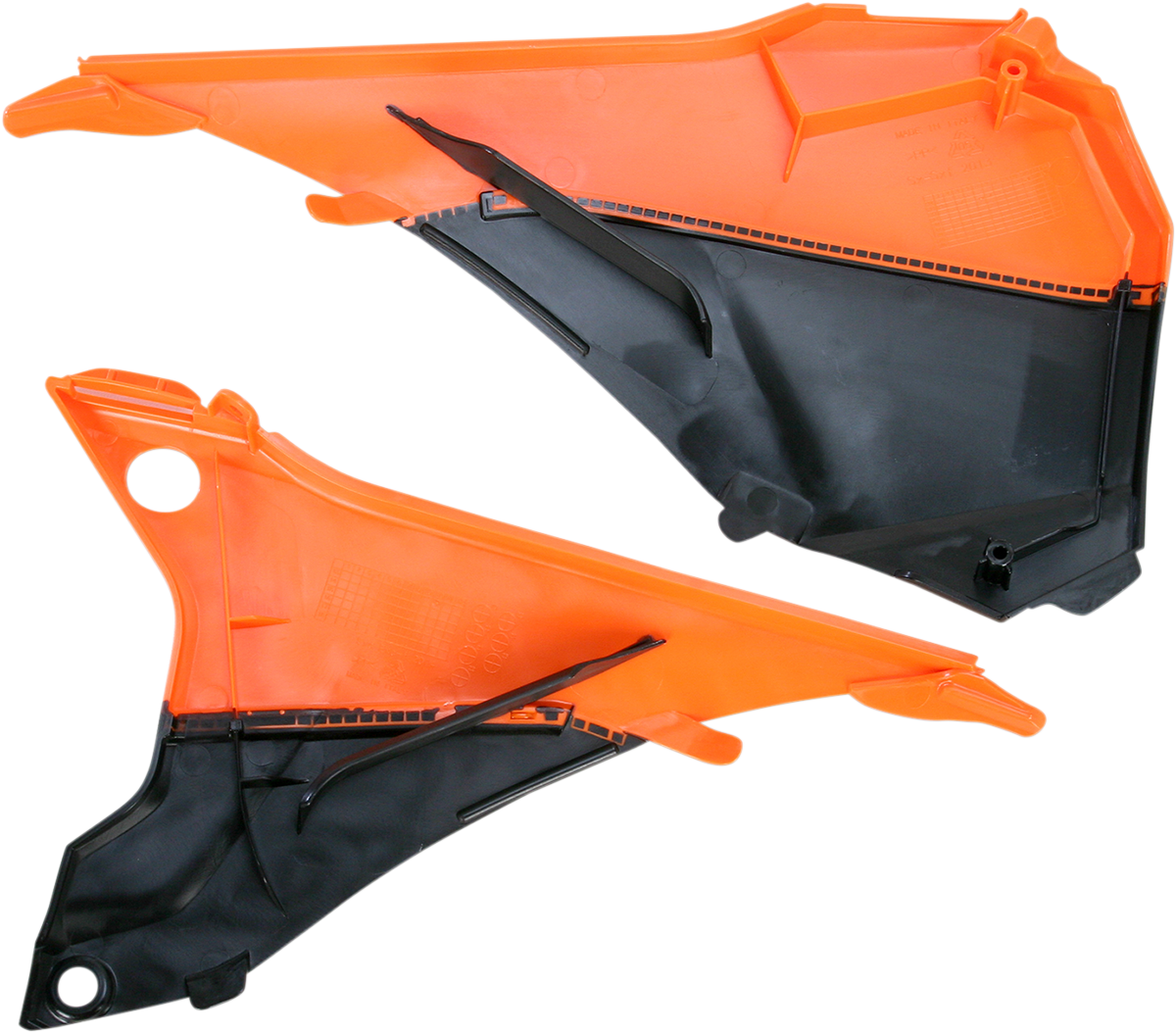 Acerbis orange and black airbox cover for motorcycle, body part with vented design and Acerbis branding, on a plain background.