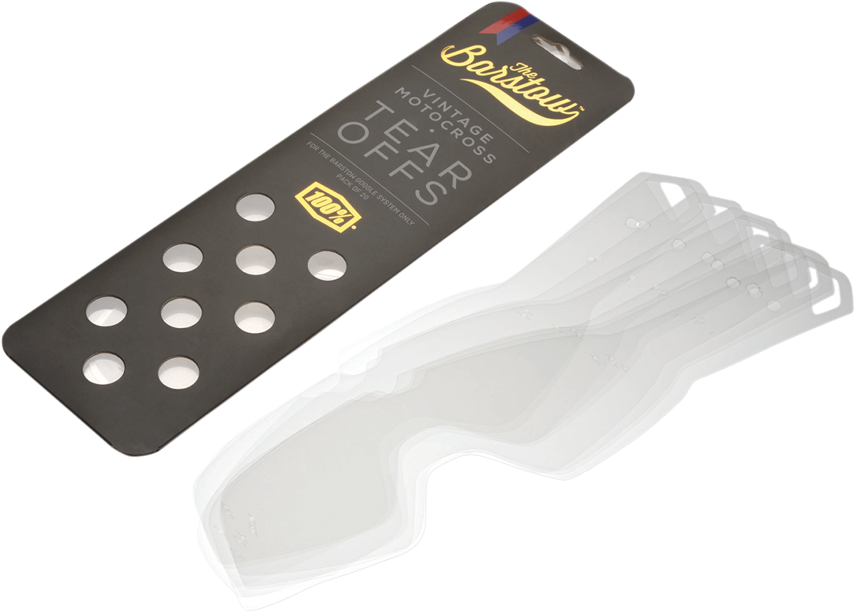 Bill's Exhausts 100% Barstow Tear-Offs goggles, 20-pack, clear plastic replacement lenses for motocross or off-road riding.
