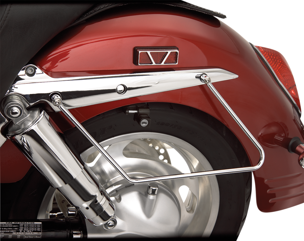 Bill's Exhausts SHOW CHROME Saddlebag Stays for VTX13/18 engine, durable metal brackets with chrome finish for secure attachment.