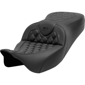 Bill's Exhausts SADDLEMEN Roadsofa™ seat without backrest, lattice stitch design, carbon fiber finish for FL models 2008-2023.