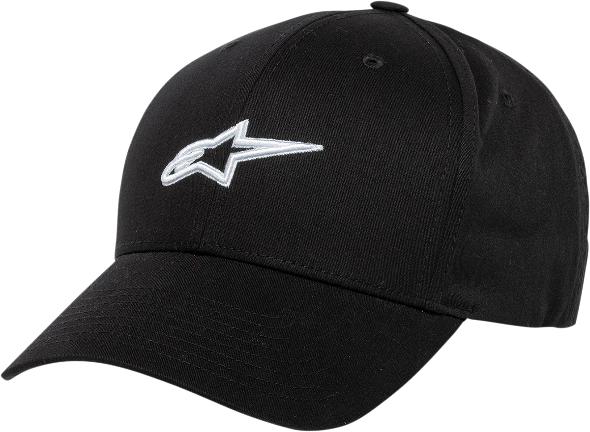 Black AlpinesStars Alpha Hat with adjustable strap, featuring the brand logo, designed for casual and sporty wear.