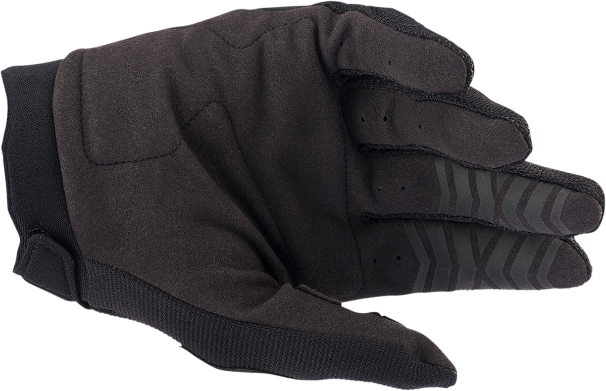 Alpinestars Youth Full Bore Black Gloves in large size, showing the durable motorcycle glove design with padding and branding details.
