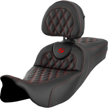 Bill's Exhausts SADDLEMEN Roadsofa™ extended reach motorcycle seat with lattice stitch, red stitching, and backrest for FL 2008-2023