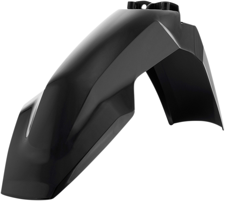 Black Acerbis front fender for motorcycle, showcasing its sleek body design and durable plastic construction.